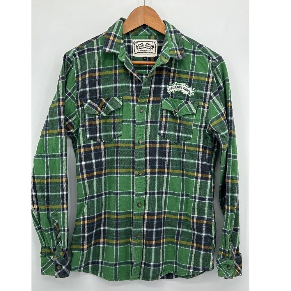 Sierra Nevada‎ Brewing Embroidered Grunge Fall Green Plaid Flannel Shirt Mens S